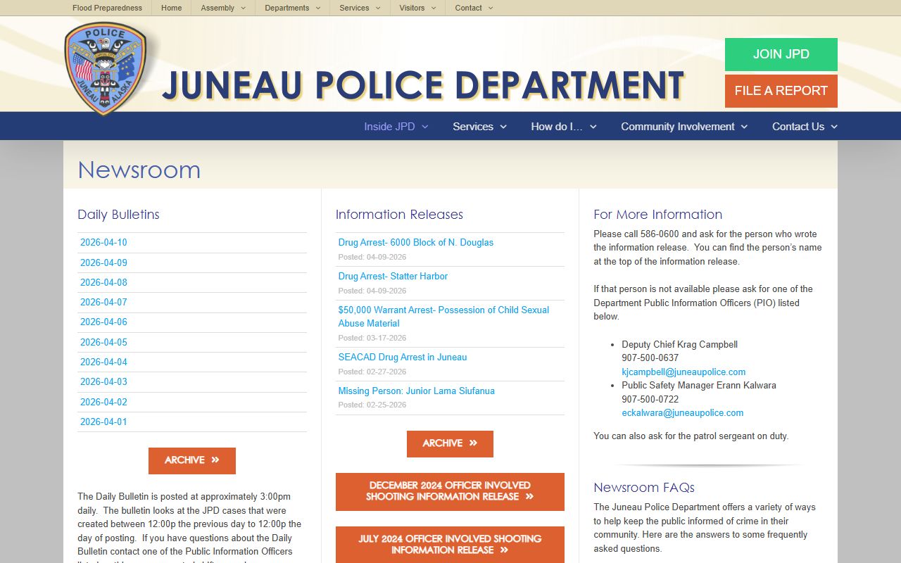 Juneau Police Daily Bulletin 24 Hour Booking log
