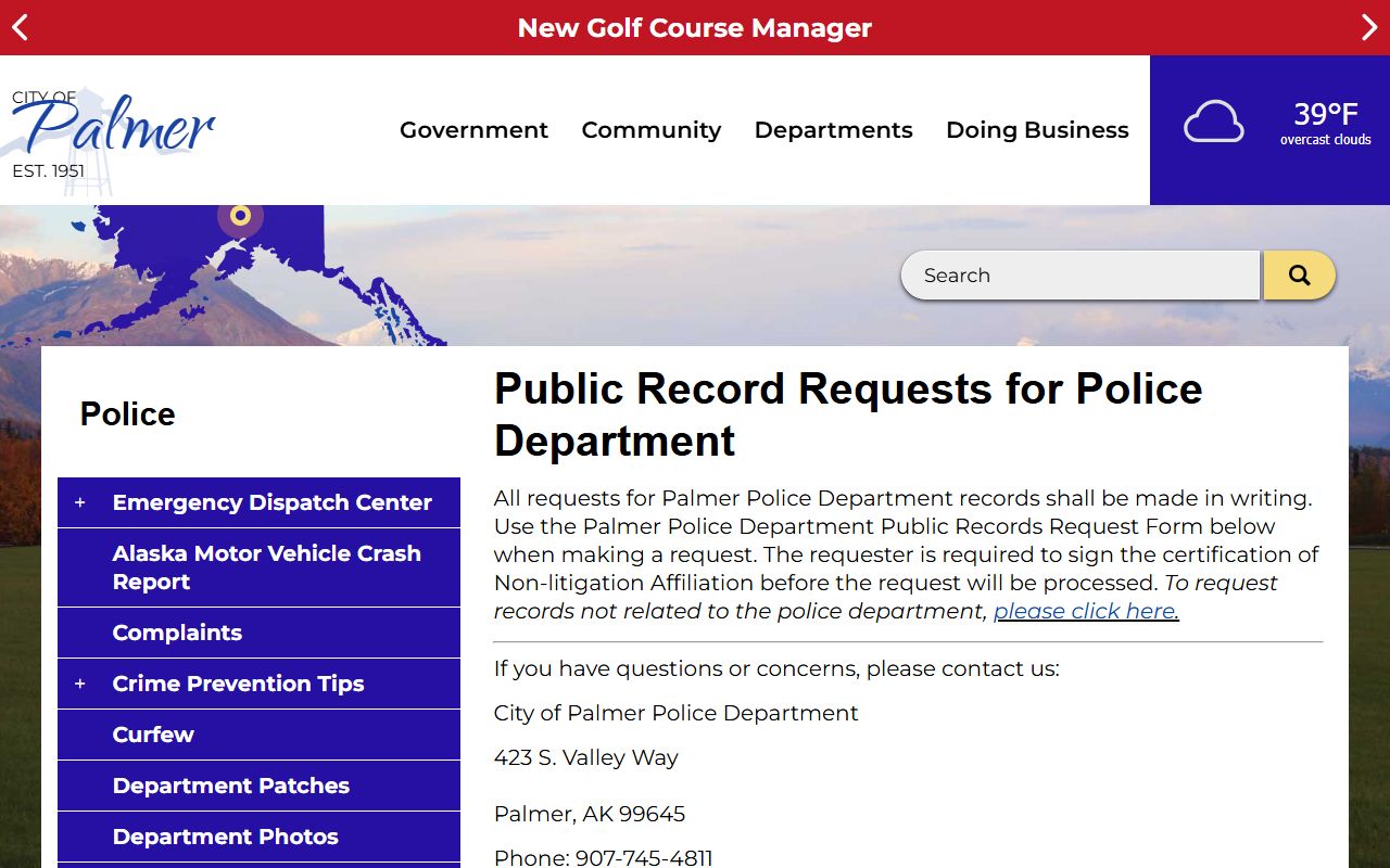Palmer Police Department 24 Hour Booking records request form