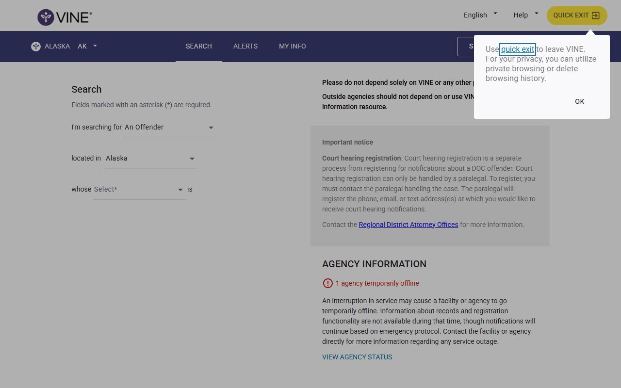 VINE inmate search for Unalaska 24 Hour Booking