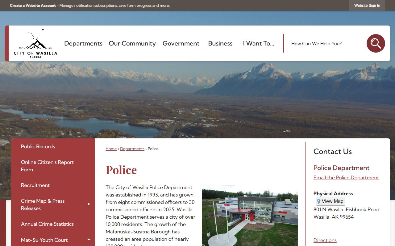 Wasilla Police Department page for 24 Hour Booking records