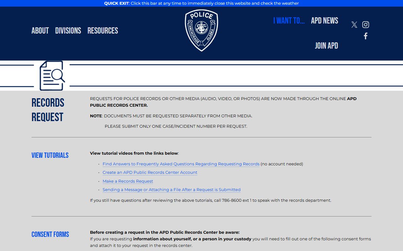 Anchorage Police 24 Hour Booking records request portal