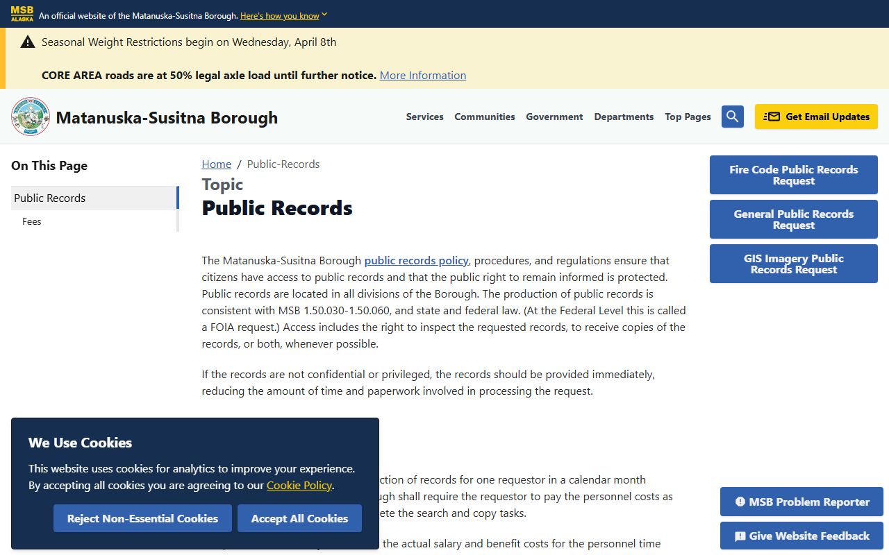 Matanuska-Susitna Borough 24 Hour Booking public records page