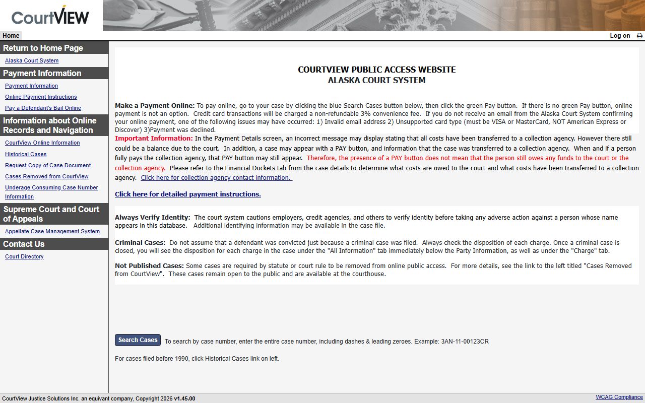 Alaska CourtView portal for College 24 Hour Booking cases